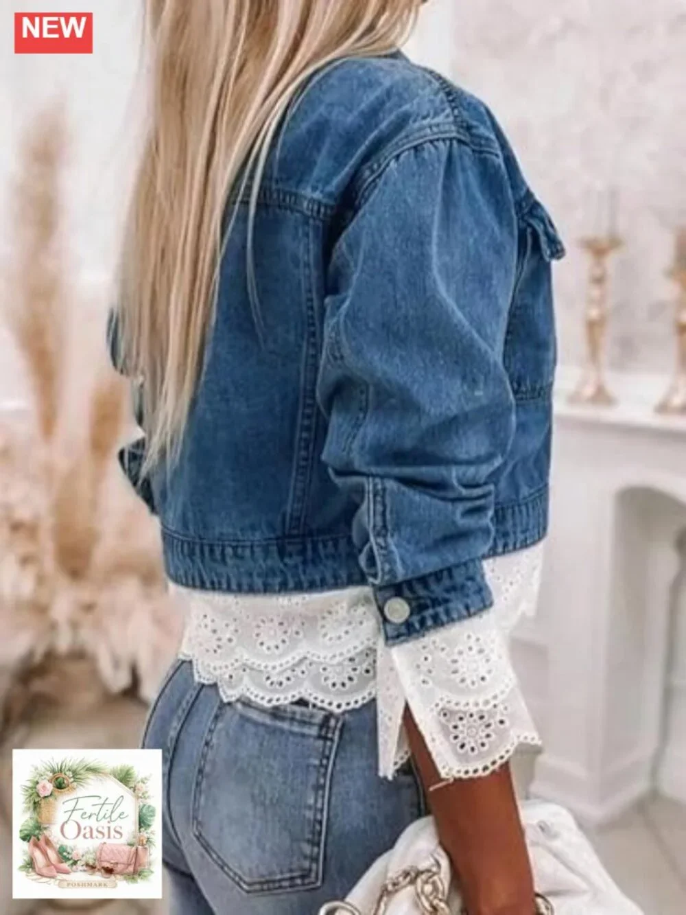 Trendy Color Block Lace Denim Jacket Oversized Button Down Shacket